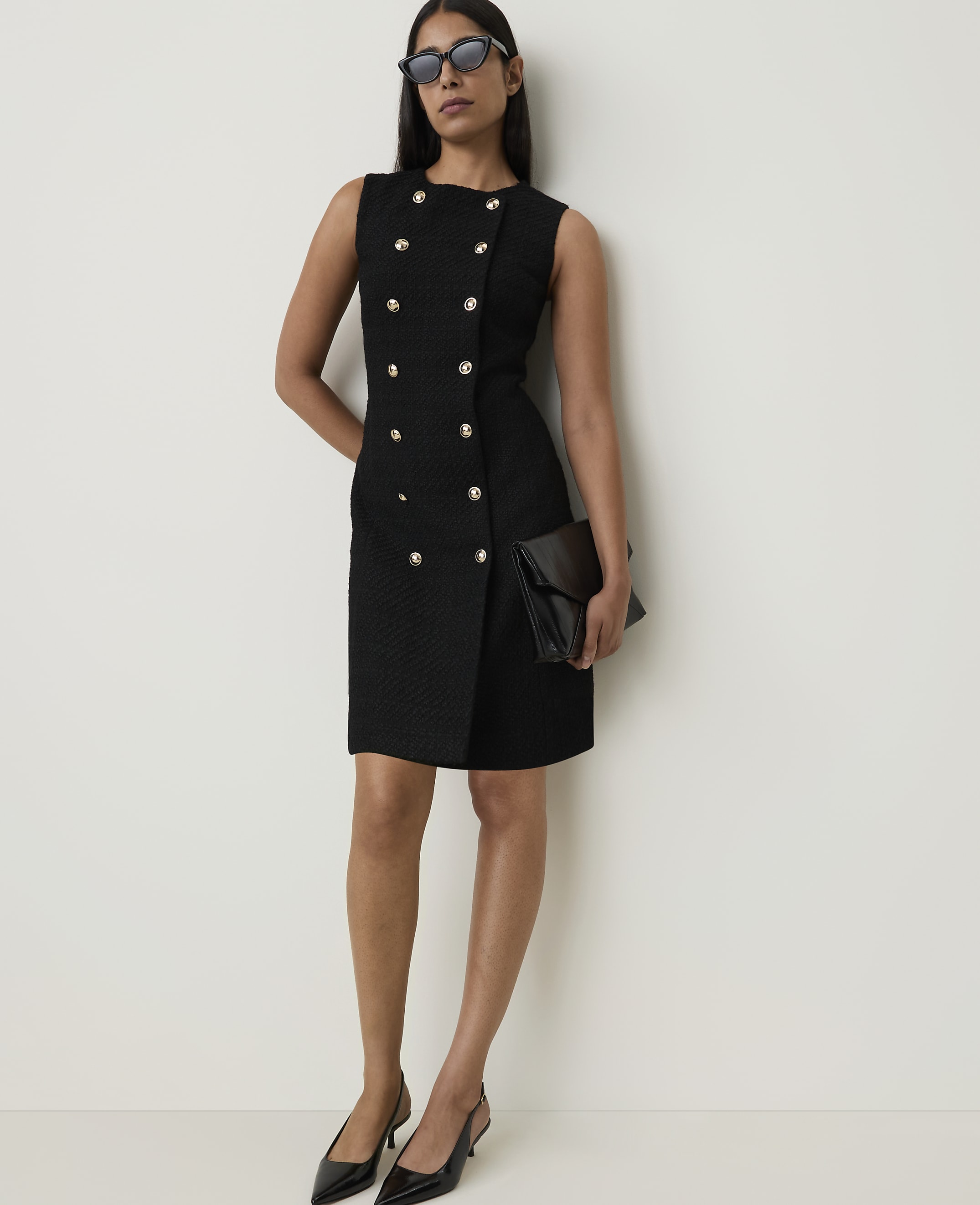 Petite Crew Neck Button Shift Dress in Tweed