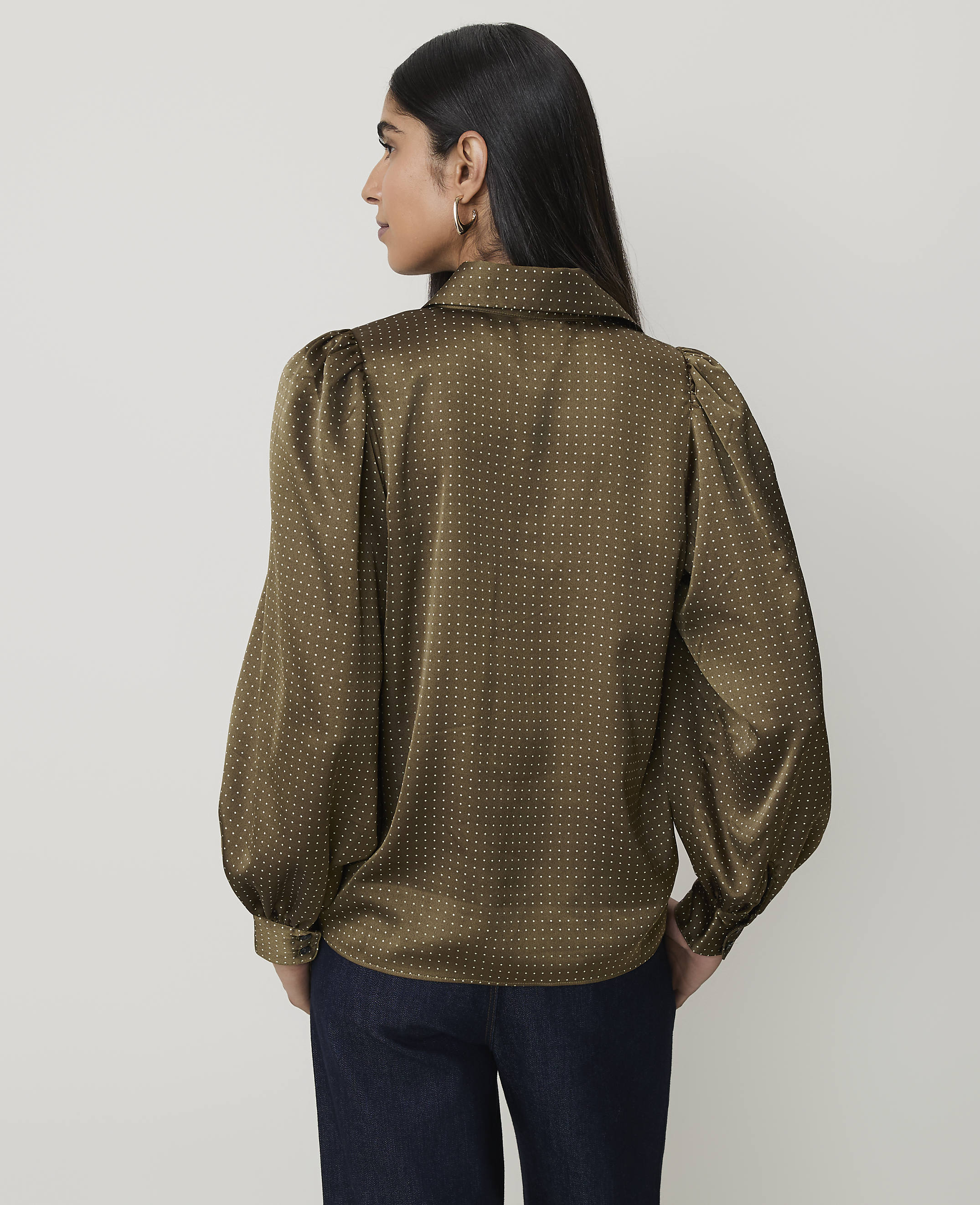Dotted Collared Blouson Sleeve Shirt - thumbnail 3
