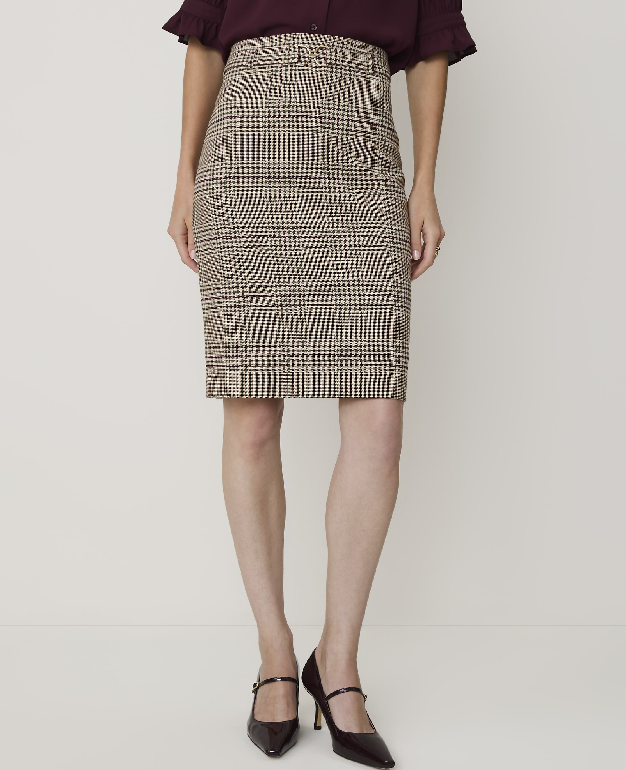 Plaid Belted Midi Pencil Skirt - thumbnail 3