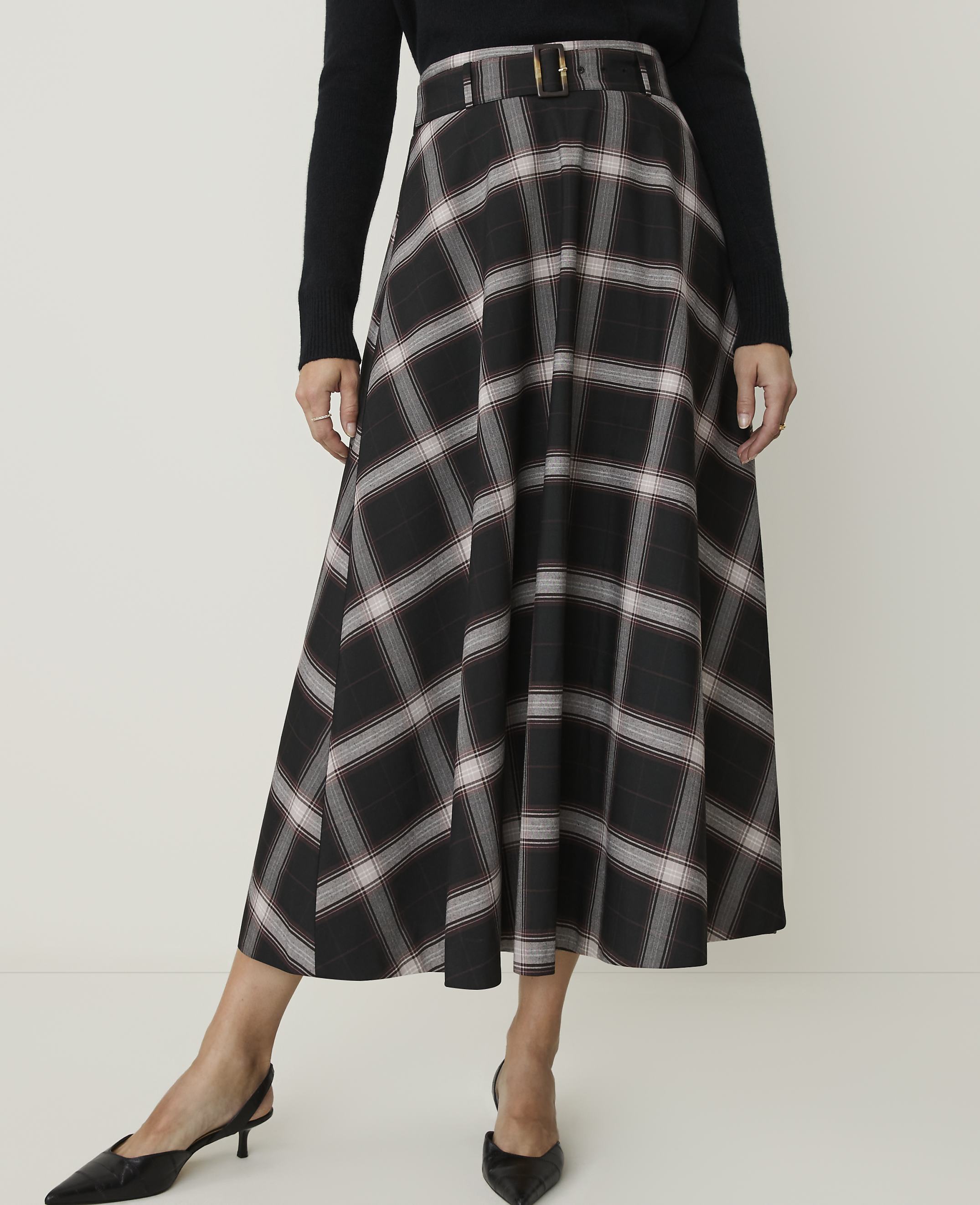 Plaid Belted Full Midi Skirt - thumbnail 3