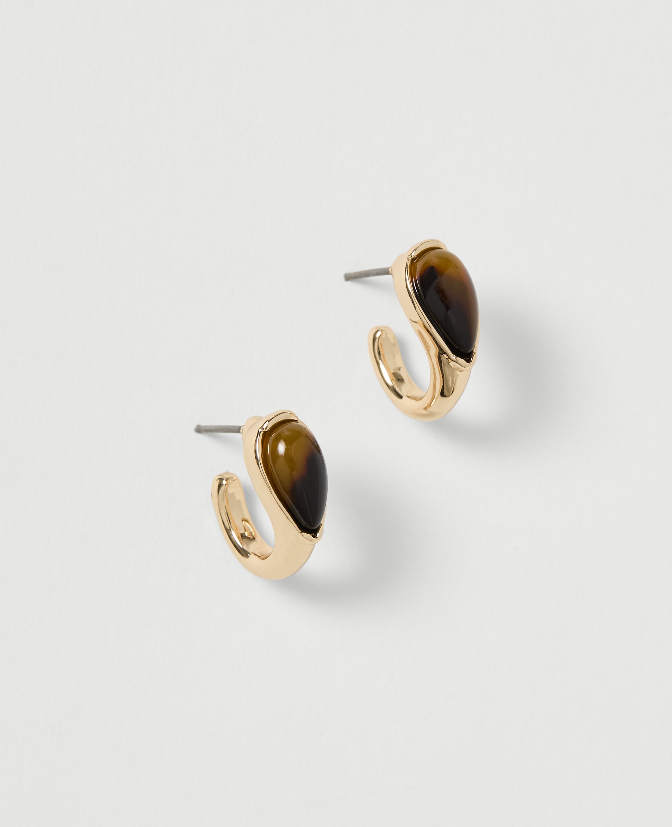 A pair of gold hoop earrings with brown marbled stone inlays rests on a plain white background.