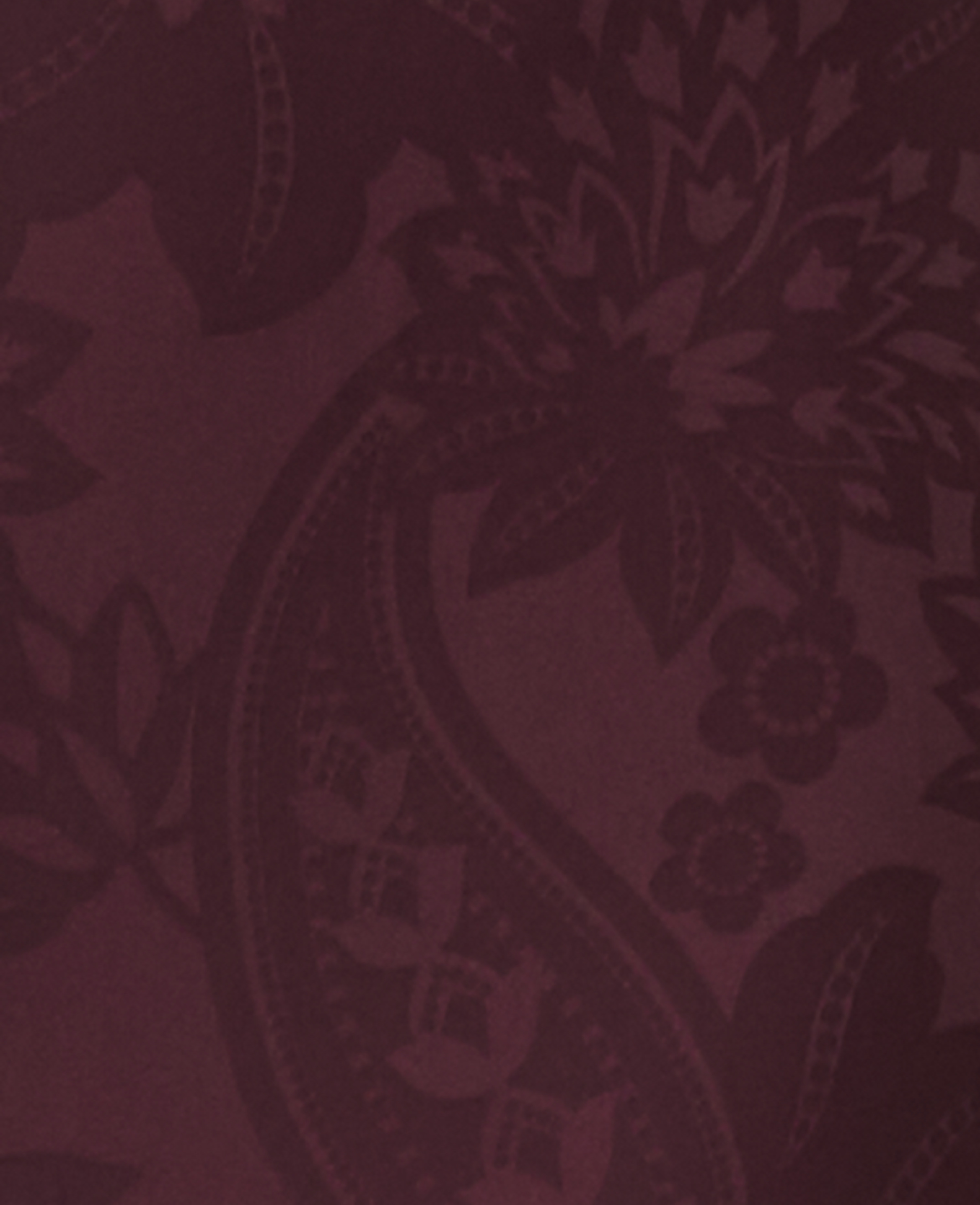 A dark red paisley pattern with floral elements fills the frame.
