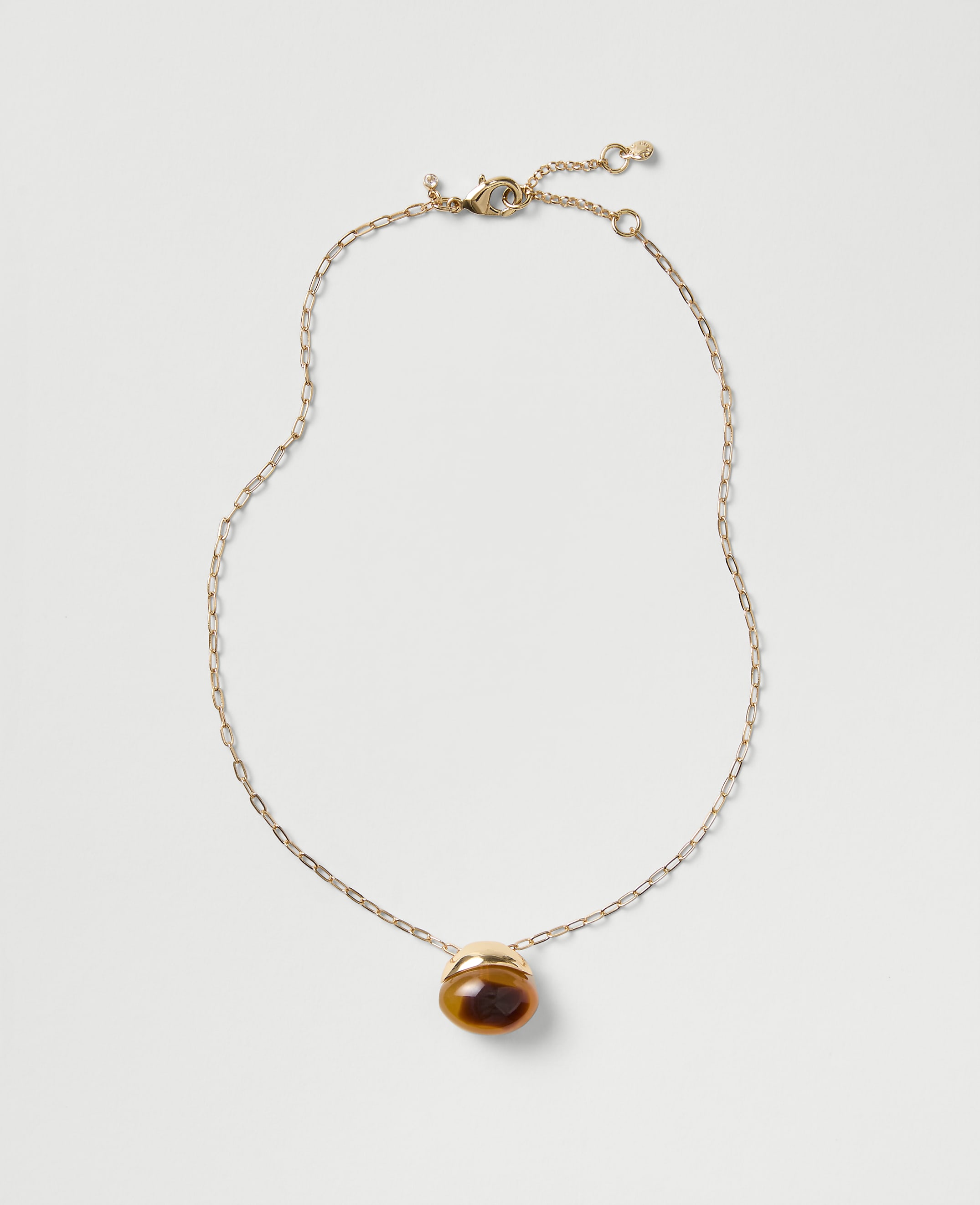 A gold chain necklace with a brown oval pendant rests on a plain light gray background.
