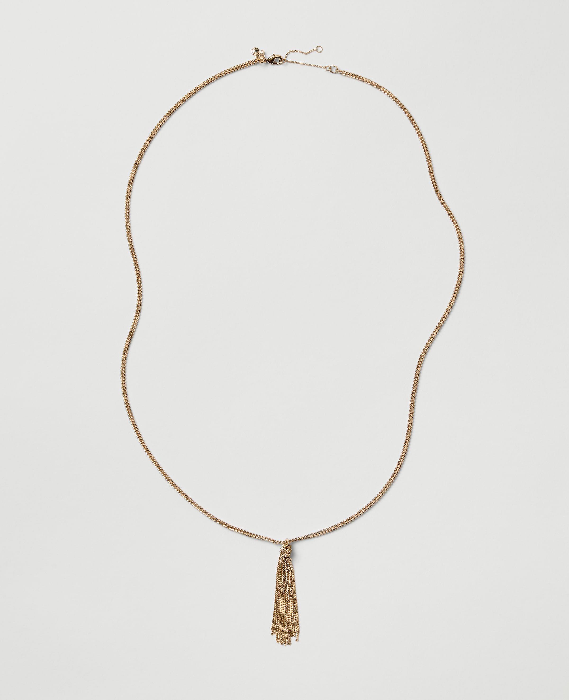 A gold chain necklace with a tassel pendant rests against a plain light gray background.