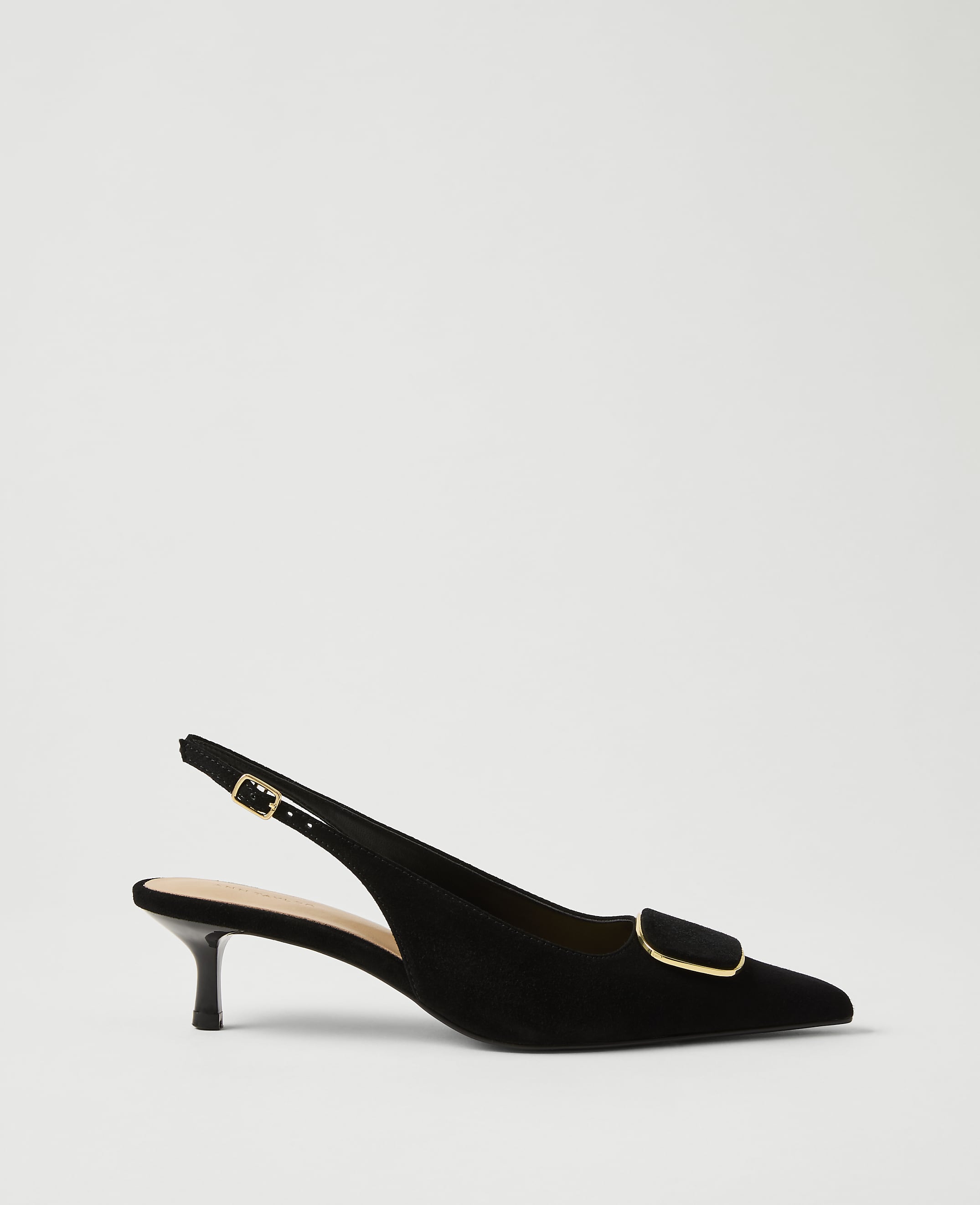 A black velvet slingback heel with a gold buckle sits against a plain, light gray background.