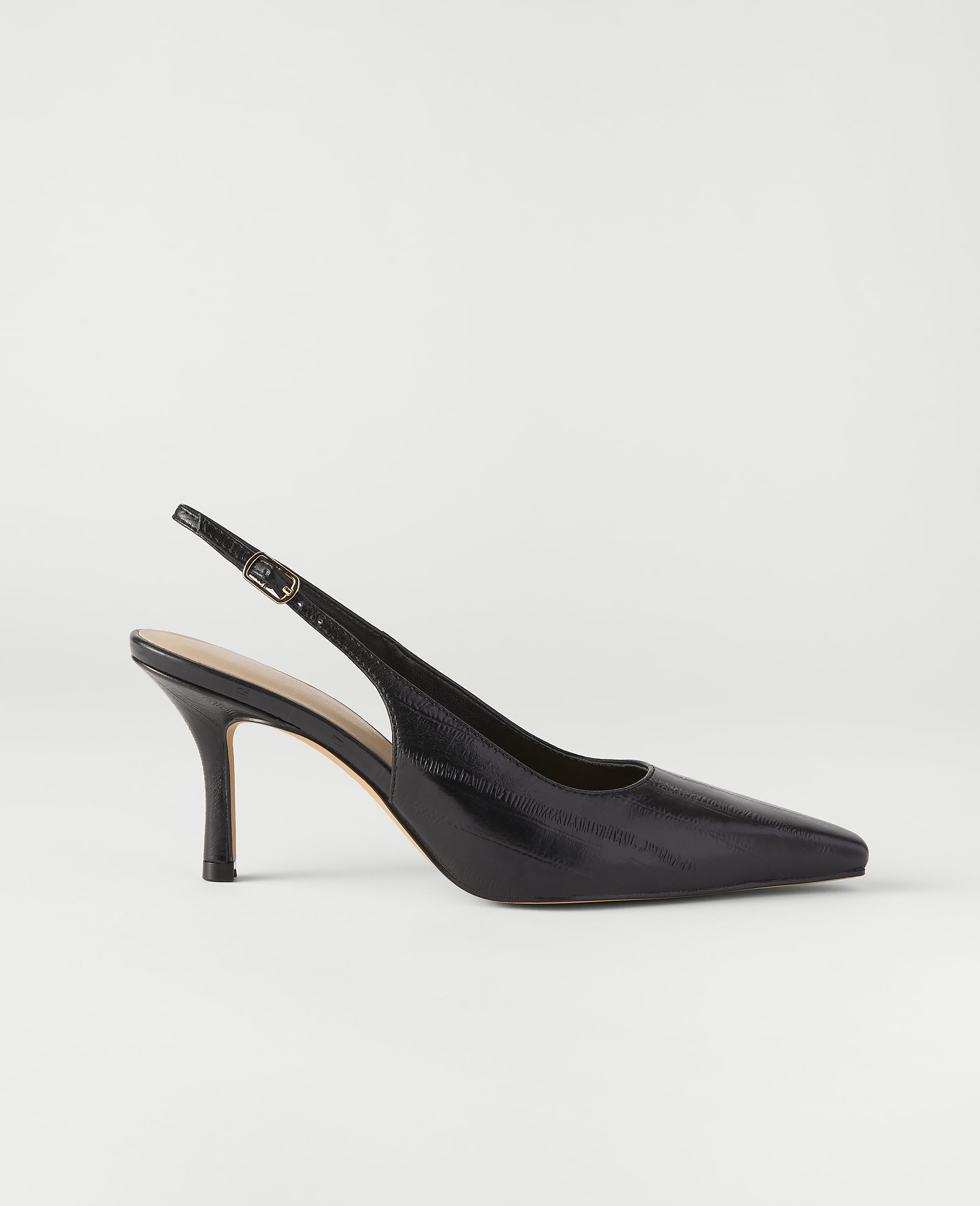 A single black leather slingback heel with a pointed toe sits against a plain, light gray background.