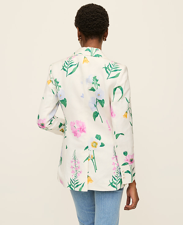 The Petite Long Single Button Blazer in Floral Linen Blend