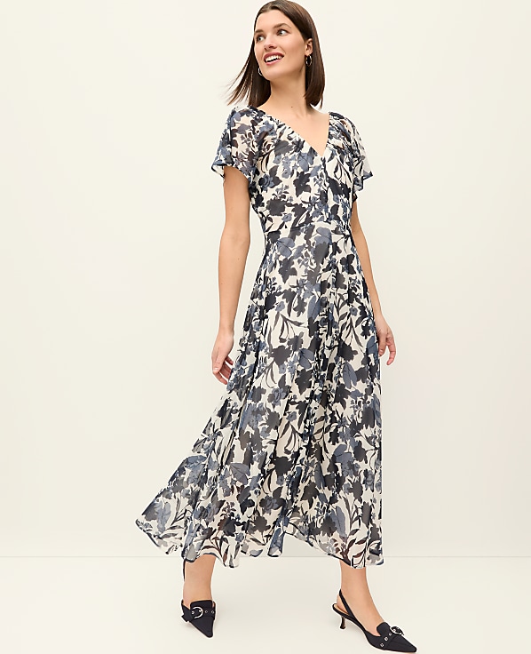 Floral Flutter Sleeve Midi Dress