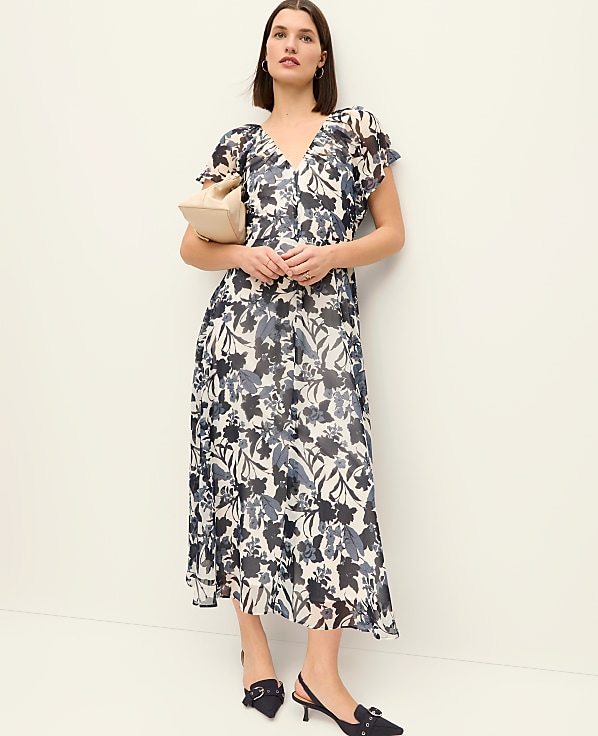 Floral Flutter Sleeve Midi Dress