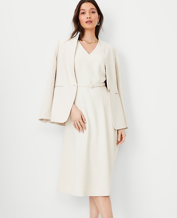 The Petite Belted V-Neck Midi Dress in Fluid Crepe