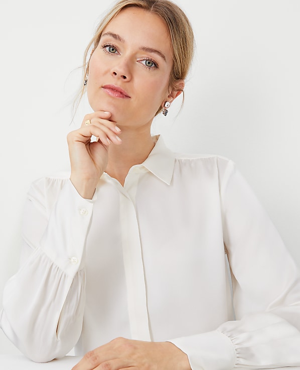 Petite Collared Shirred Yoke Button Down Shirt