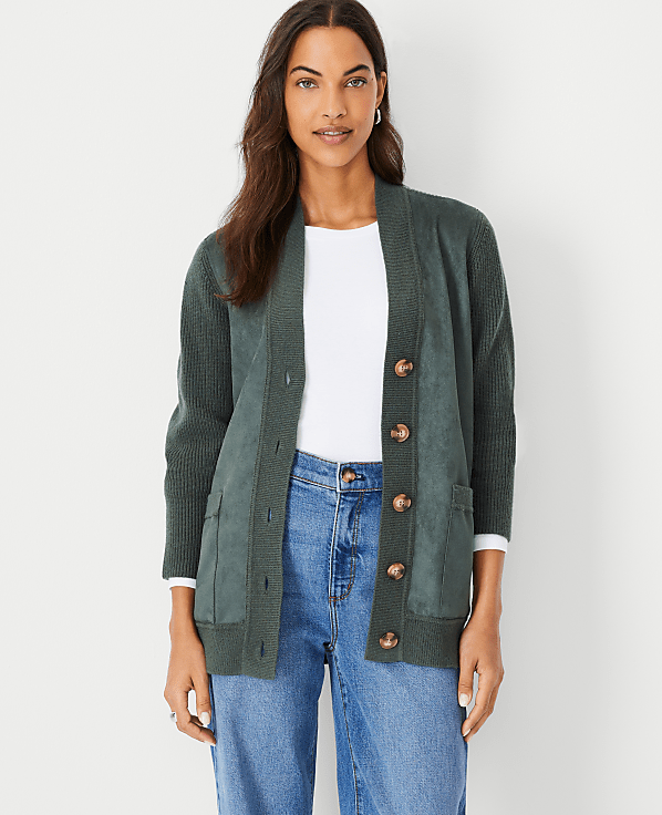 Faux Suede Mixed Media Cardigan
