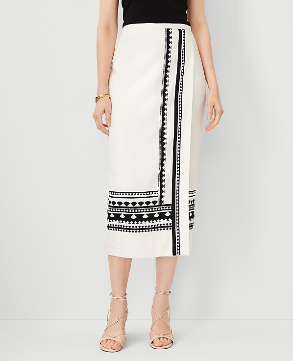 Geo Border Linen Blend Wrap Midi Skirt