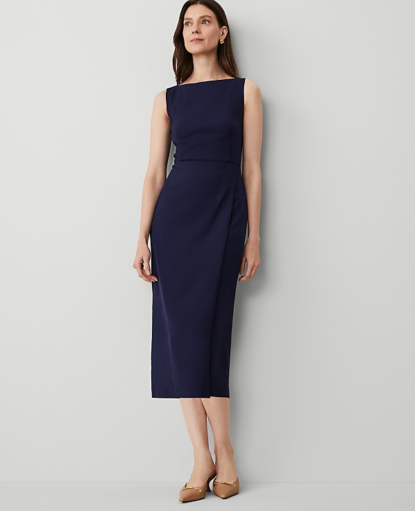 The Petite Boatneck Wrap Sheath Dress in Textured Drape
