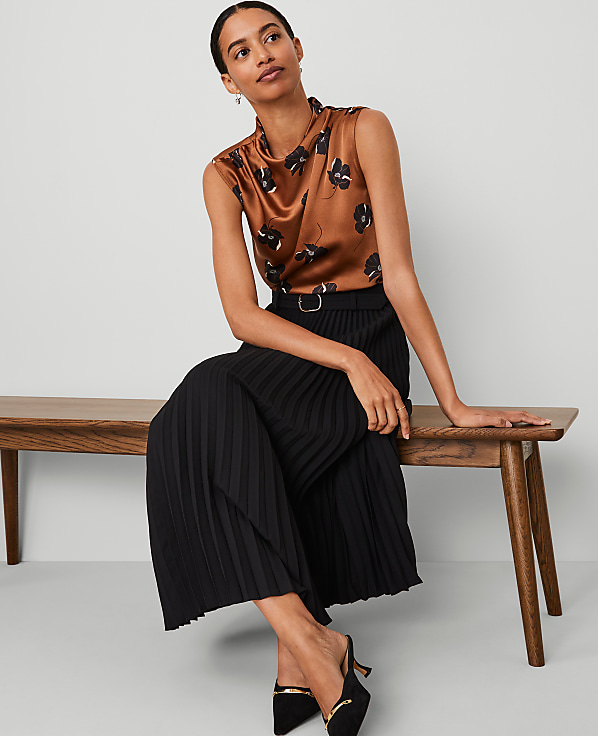 Petite Belted Pleated Midi Skirt