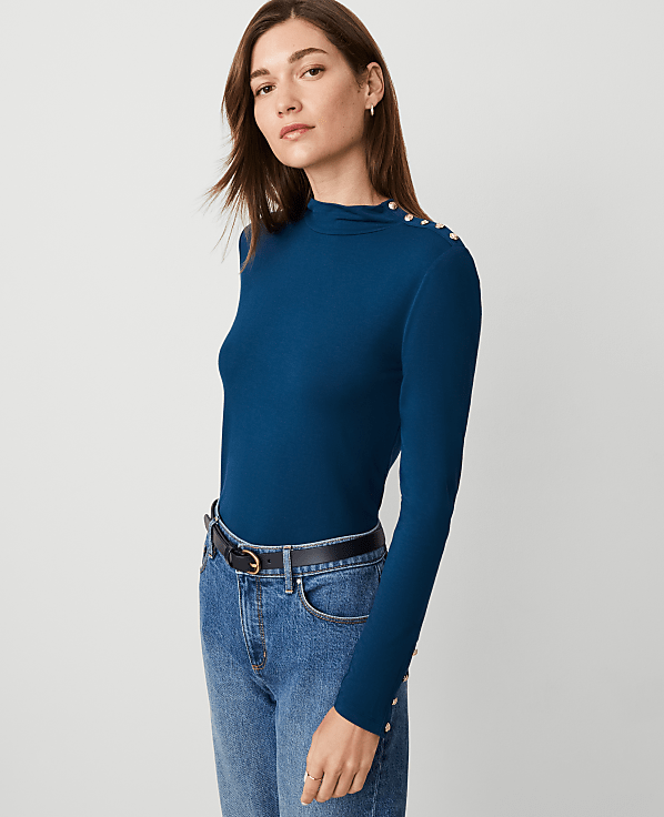 Petite Mock Neck Button Top