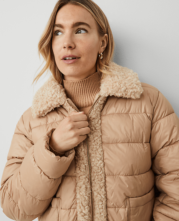 Petite Weekend Collection Faux Fur Trim Puffer Jacket
