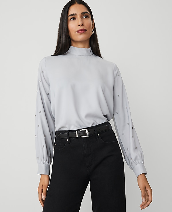 Embellished-Sleeve Mock-Neck Top