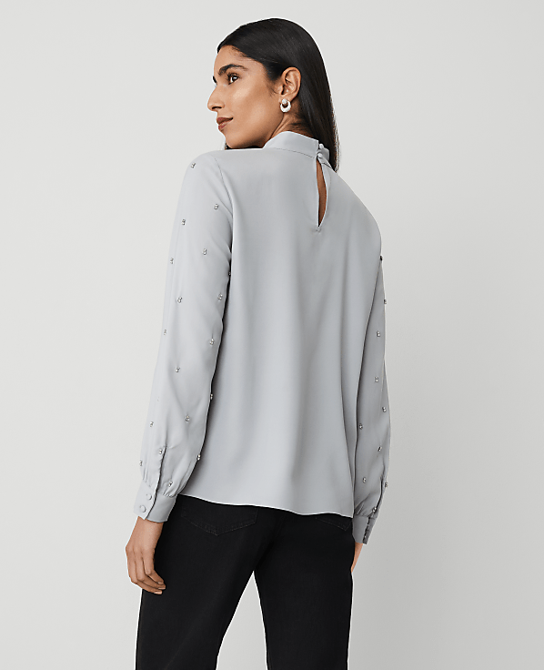 Embellished-Sleeve Mock-Neck Top