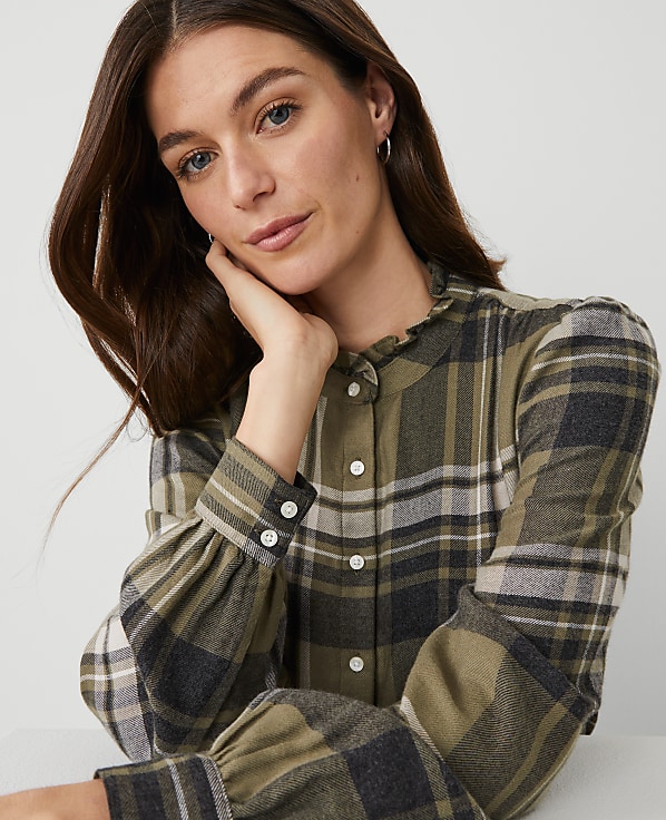 Weekend Collection Plaid Ruffle Neck Flannel Shirt