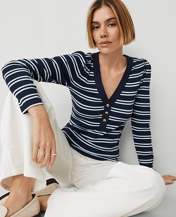 Weekend Collection Striped Puff Sleeve Henley Top