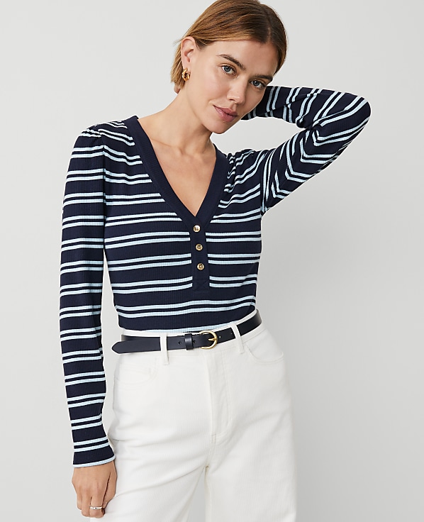 Weekend Collection Striped Puff Sleeve Henley Top