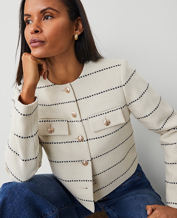 Petite Striped Tweed Crew Neck Jacket