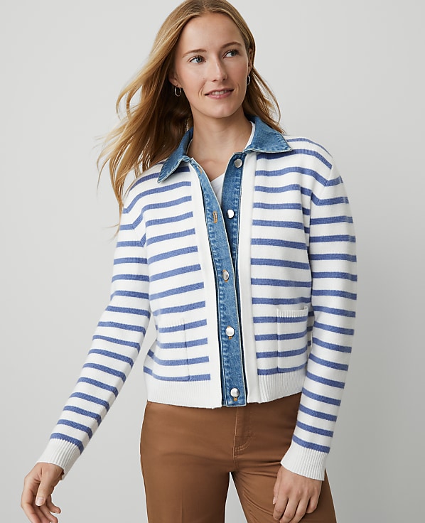 Petite Weekend Collection Striped Denim Sweater Jacket
