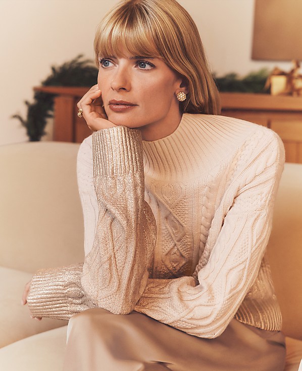 Foil Cable Mock Neck Sweater