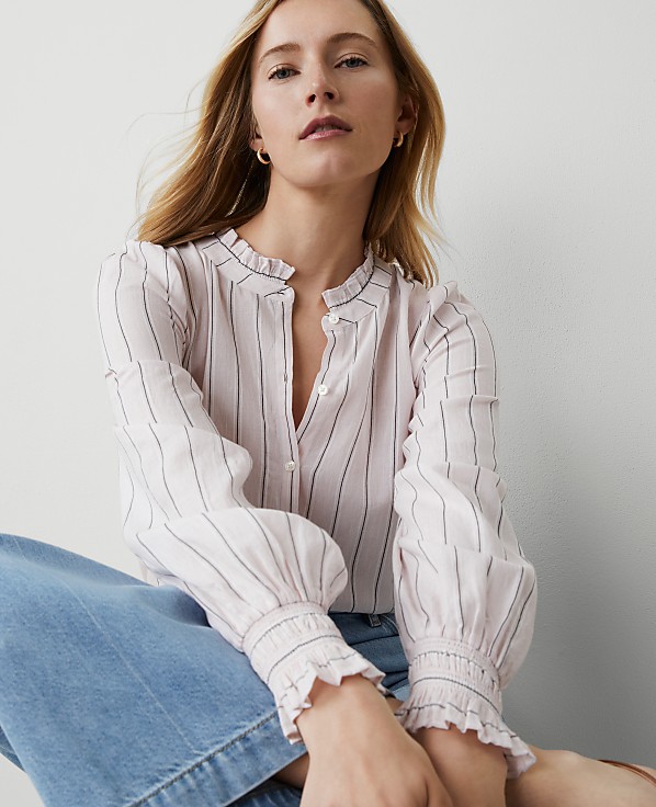 Striped Cutout Smocked Cuff Blouse