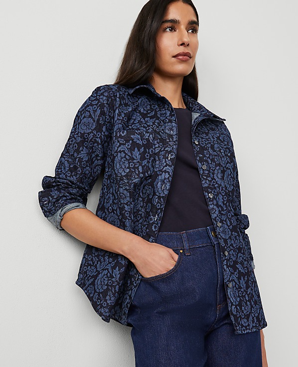 Petite Floral Flared Denim Shirt