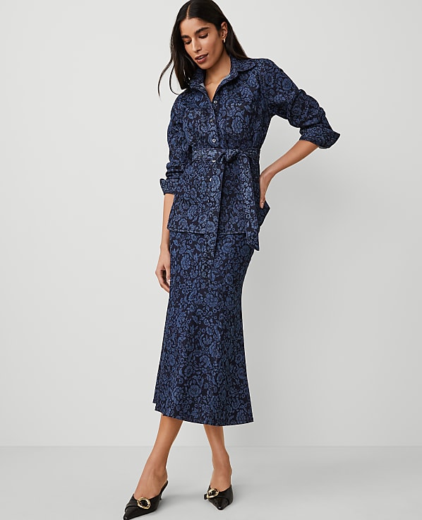 Petite Floral Flared Denim Shirt