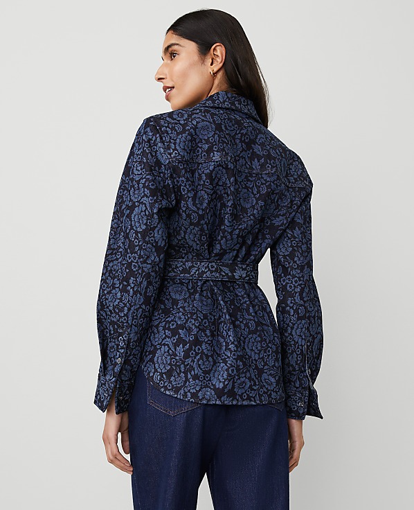Petite Floral Flared Denim Shirt