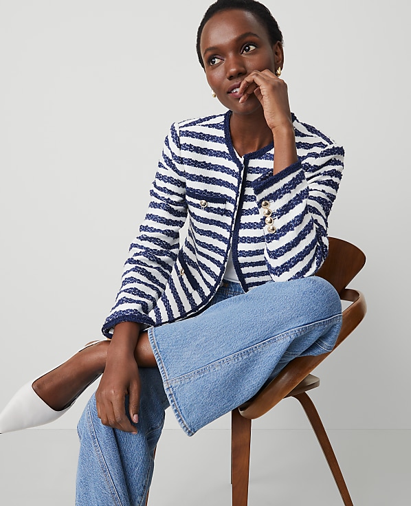 Petite Striped Boucle Tweed Fitted Jacket