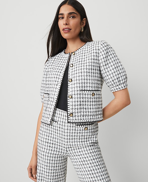 Petite Gingham Tweed Puff Sleeve Jacket