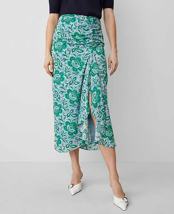 Petite Floral Ruched Midi Skirt