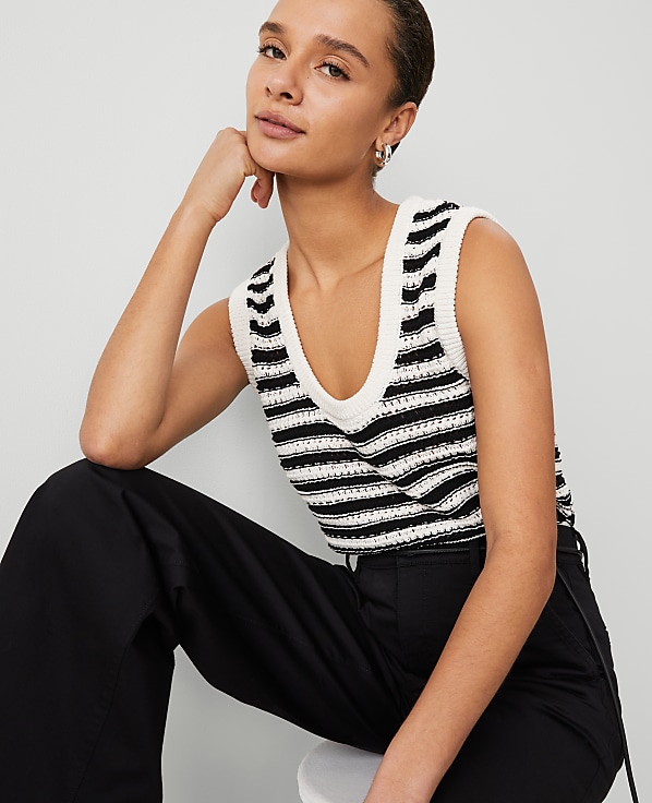 Weekend Collection Striped Open-Stitch Sweater Shell