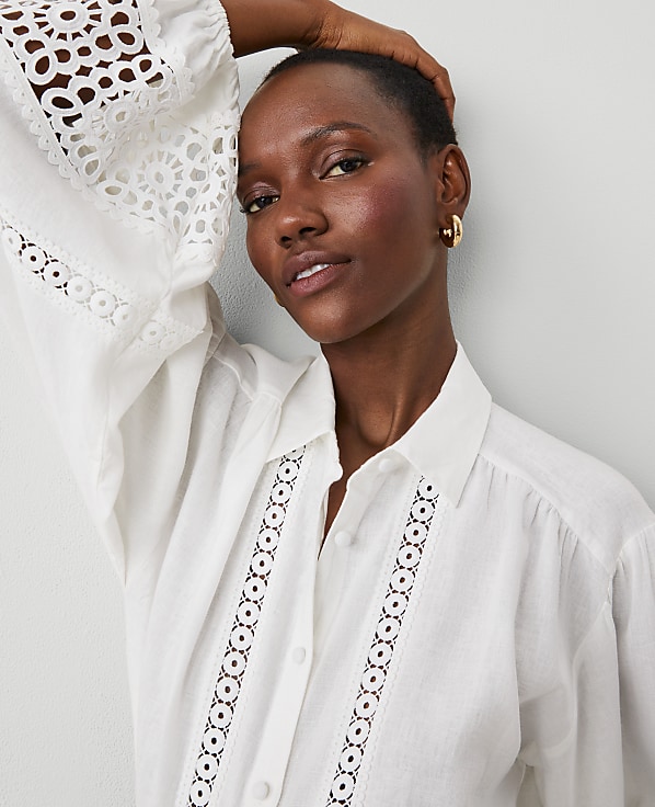 Embroidered Linen Blend Puff Sleeve Blouse