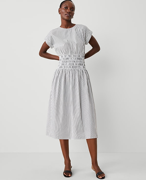 Striped Smocked-Waist Midi Flare Dress