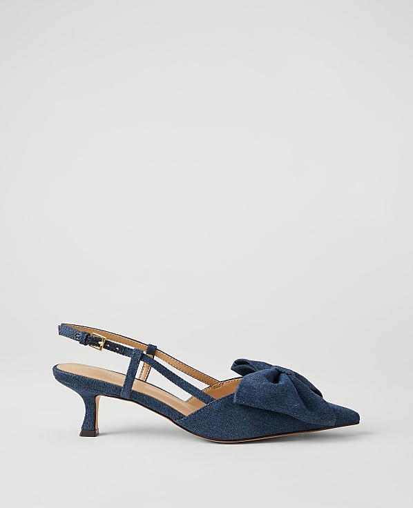 Denim Bow Slingback Kitten Heel Pumps