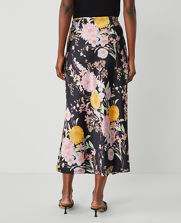 Floral Satin Bias Midi Slip Skirt