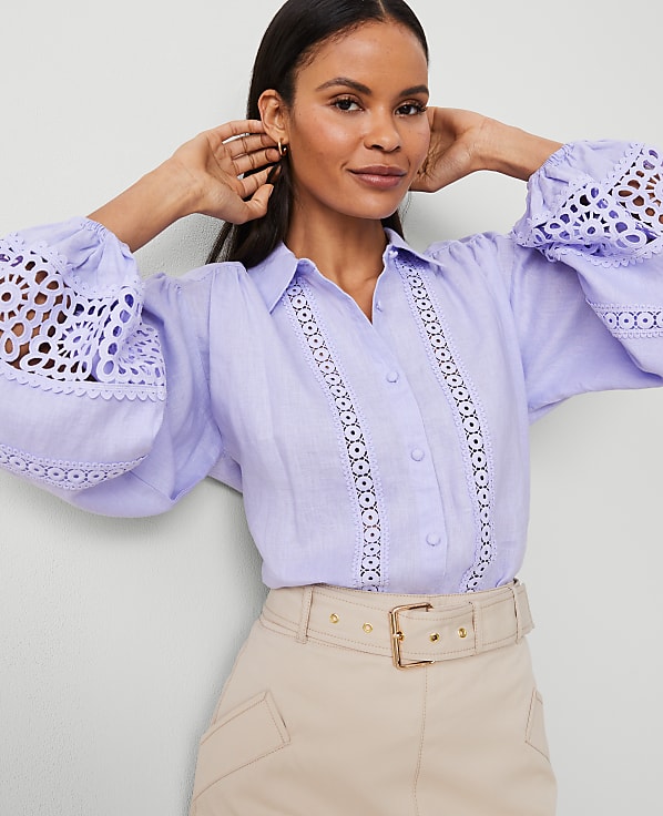 Petite Embroidered Linen Puff Sleeve Blouse