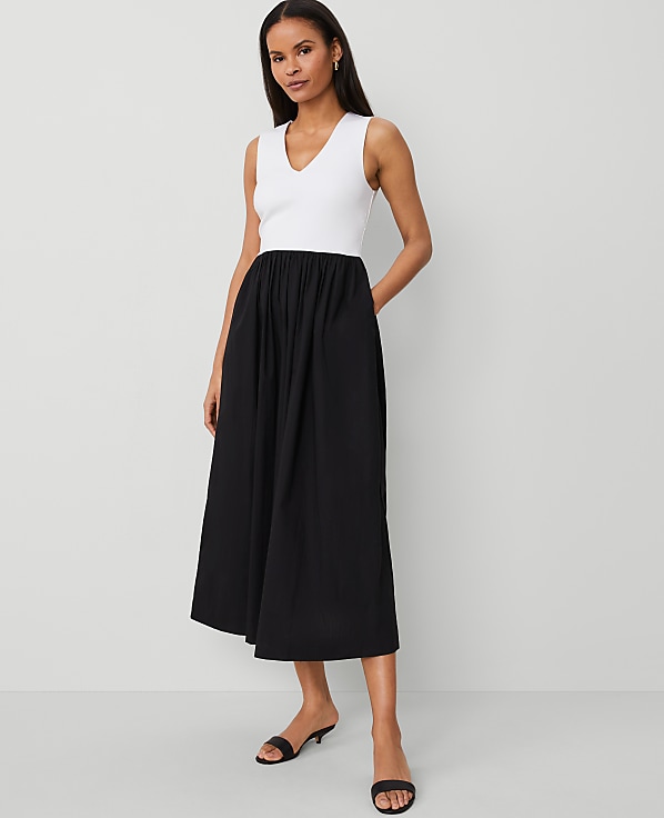 V-Neck Mixed Media Flare Dress