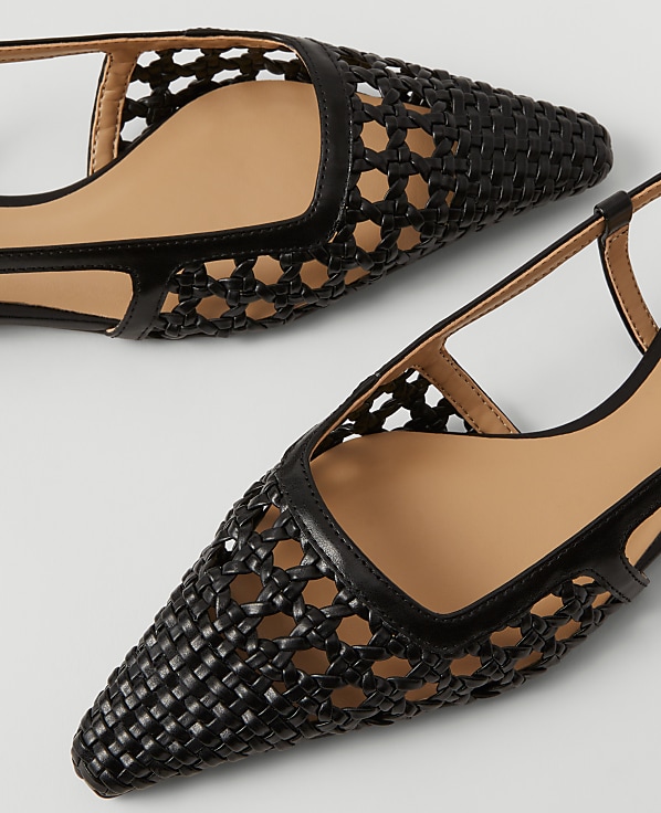 Woven Leather Nip Toe Slingback Flat