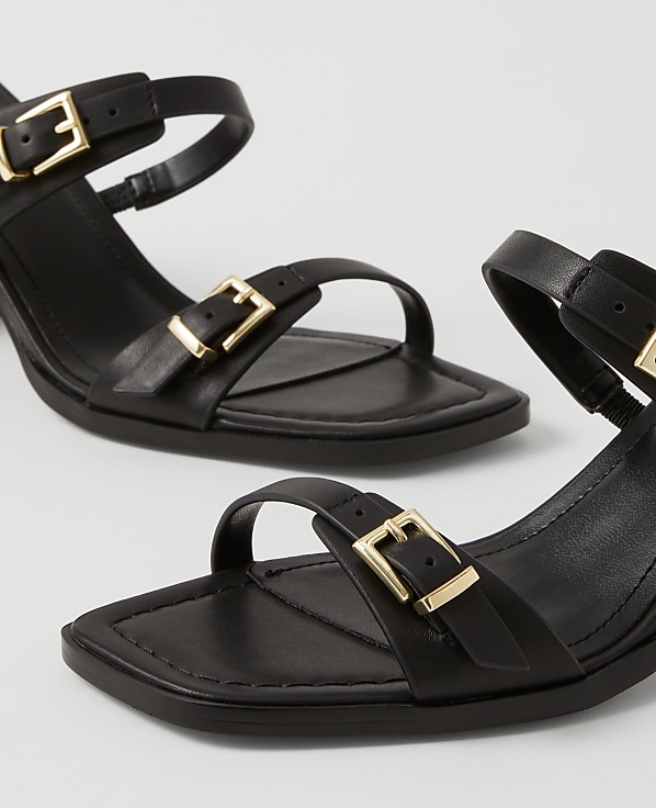 Double Strap Leather Block Heel Sandals