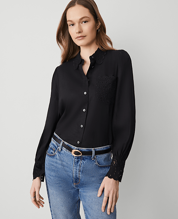 Embroidered Linen Blend Pocket Shirt