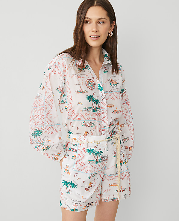 Map Print Blouson Sleeve Blouse