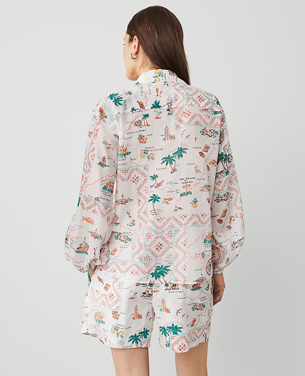 Map Print Blouson Sleeve Blouse