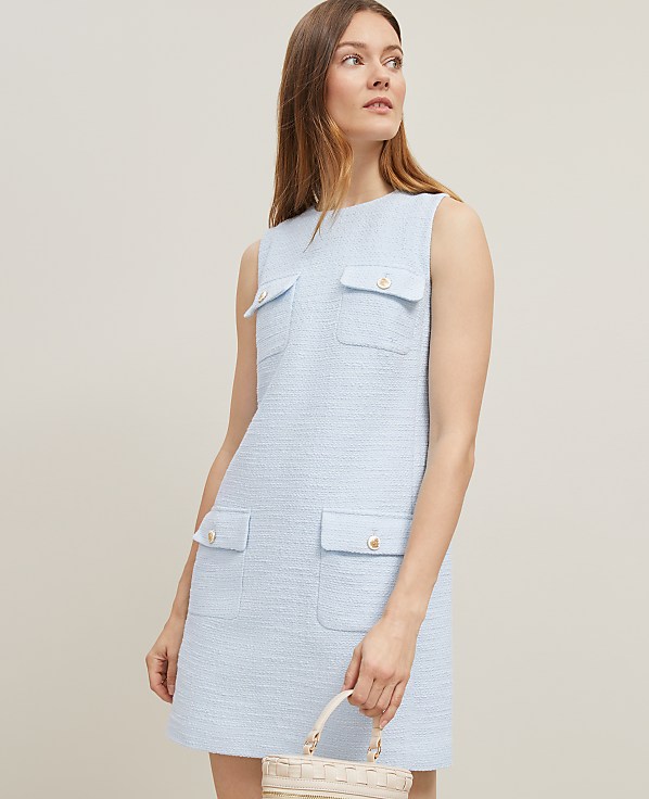 Tweed Button Pocket Shift Dress