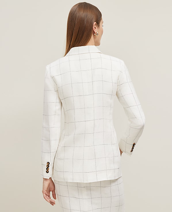 The Fitted Single Button Blazer in Windowpane Linen Blend